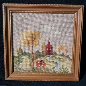 VINTAGE NEEDLEPOINT FALL SCENE STORE/JACK O LANTERN WALL ART FRAMED 9.5 X9.5 - Picture 1 of 8