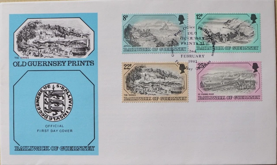 Estampillas de Guernsey: "Antiguas impresiones de Guernsey II" - Cubierta de primer día 1982 Foto 1 de 1