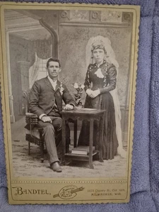 Cabinet Card Bandtel Younger Man Sitting Women With Head Dress On Standing - Picture 1 of 2