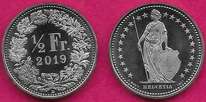 SWITZERLAND 1/2 FRANC 2019-B UNC FULL LENGTH FIGURE OF HELVETIA STANDING FACING - Picture 1 of 1