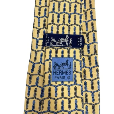 Hermes Hombres Corbata Cadenas Eslabones Amarillo Satinado Seda Francia 3.25" (W) x 57" (L) guc Foto 1 de 4