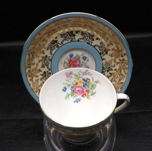 Royal Grafton Tea Cup and Saucer Blue Bands Floral Center Gold Floral Band VTG - Picture 1 of 8