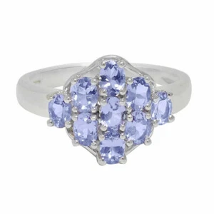 Anello Originale Cluster Tanzanite Naturale Taglio Ovale Argento Sterling Oro Bianco Over - Foto 1 di 2