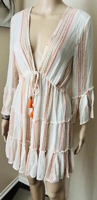 NUEVO SIN ETIQUETAS BLUE ISLAND Playa Bikini Cubrir Bohemio Rayas Mini Vestido Talla S Foto 1 de 4