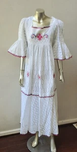 VESTIDO DE FIESTA MEXICANO DE COLECCIÓN AÑOS 70 OXACAN BODA OJALES BORDADO MANGAS CAMPANA M/L - Imagen 1 de 9