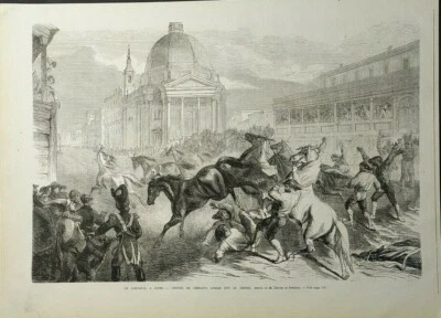 Stampa antica Carnevale Roma Cavalli Via del Corso Xilografia 1867 - Immagine 1 di 3