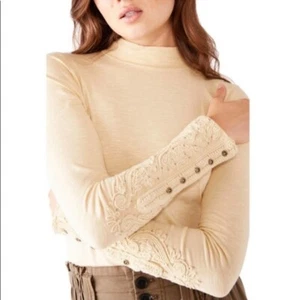 We The Free People Beige Button Cuff Top Embroidered Mock Neck Women XS NEW - Picture 1 of 8