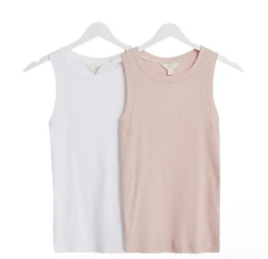 EX M&S 2 PACK VEST COTTON MODAL RIBBED SLEEVLESS VEST TOP CAMI LADIES WHITE PINK - Picture 1 of 9