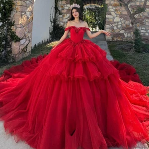 Off Shoulder Red Quinceanera Dresses Beaded Appliques Backless Tiered Ball Gowns - Picture 1 of 14