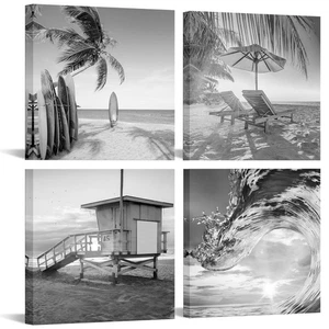 Black and White Beach Scene Wall Art Ocean Wave Picture Painting Tropical Sea... - Bild 1 von 6