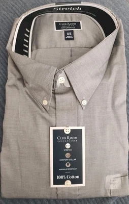 New Men's Club Room Dress Shirt Sz 18.5 34/35 Reg Fit Cotton Stretch Grey  - Image 1 of 4