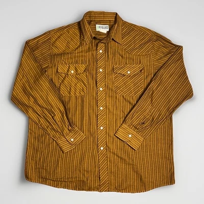 Vtg Haband Shirt Mens Large Striped Western Pearl Snap Flannel Brown 90s - Image 1 of 4