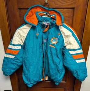 Vintage 90s Starter NFL ProLine Puffer Jacker Hooded Miami Dolphins Marino XL - Picture 1 of 12