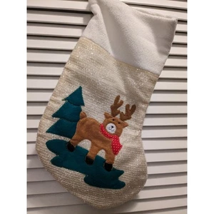 Reindeer theme cream white glittery handmade Christmas holiday gift stocking - Picture 1 of 4