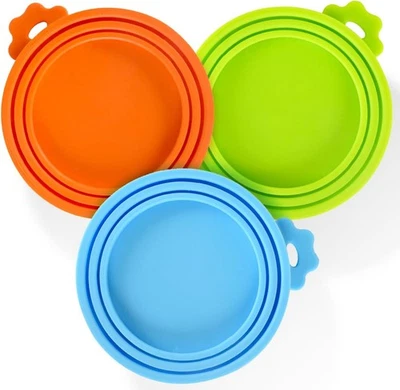 Paquete de 3 tapas de silicona para latas de comida para mascotas para perros gatos, verde azul naranja Foto 1 de 4