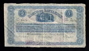 F.C. COLOMBIA , BANCO DE SANTANDER , 5 PESOS 1873 , MBC+ ( VF+ ) , S832b . - Imagen 1 de 2