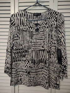 WOMEN'S JONES NEW YORK 3/4 SLEEVED PULLOVER BLOUSE BROWN & CREAM SZ MEDIUM - Picture 1 of 5