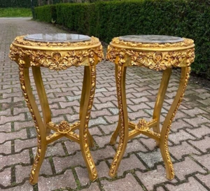 Side/End Tables Louis XVI Pair French Gold Leaf Gray Marble Antique Style - Picture 1 of 13