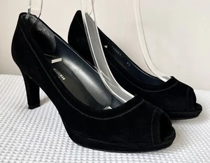 Stuart Weitzman Black Heels - Size 4.5 Russell & Bromley Suede Peep Toe Platform - Picture 1 of 8