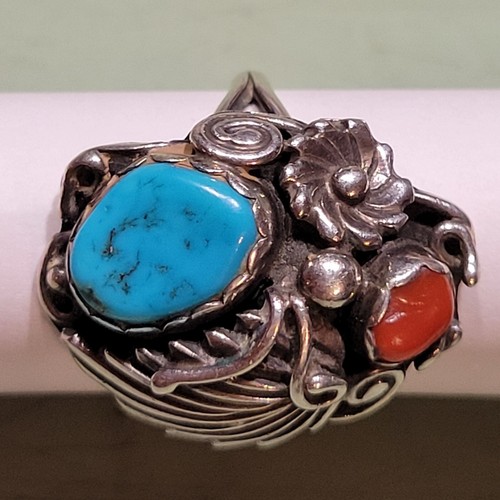 Estate Vintage Native American Sterling Silver Turquoise Coral Ring Size 8 LFHW