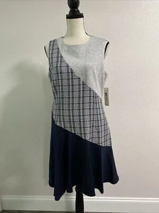 NEW Eliza J Gray & Navy Blue Plaid Color Block Sleeveless Flare Dress Size 12 - Picture 1 of 10