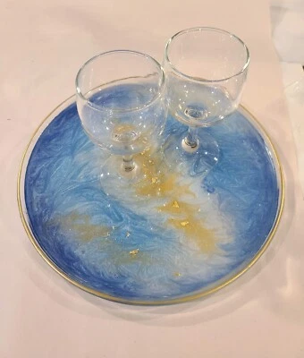 Bandeja de cristal y resina, dorada y azul, única hecha a mano Foto 1 de 4