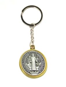 Saint St. Benedict Protection Pendant Gold Tone Keychain San Benito Medal Gift - Picture 1 of 2