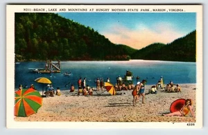Beach Lake Mountains At Hungry Mother State Park Marion Virginia Postcard Linen - Picture 1 of 2