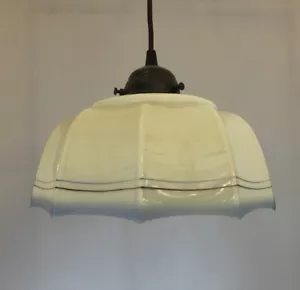 Hängelampe Glasschirm Jugendstil 1900-1930 Creme blau braun Lampe Küchenlampe - Bild 1 von 10