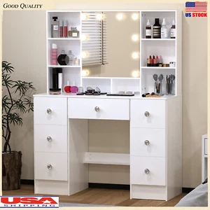 Vanity Dressing Desk Makeup Table w/ 3 Colors LED Lighted Mirror & 7 Drawers - Picture 1 of 8