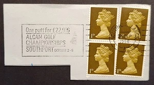 GB Stamps 1d Machins x 4 Alcan Golf Champs 1968 Southport slogan Cancel on piece - Picture 1 of 1