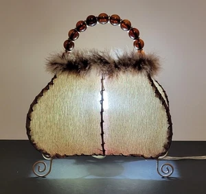 Vtg Style Boutique Purse Lamp Fur Feathered Light Handbag Beaded Deco Boudoir - Picture 1 of 19