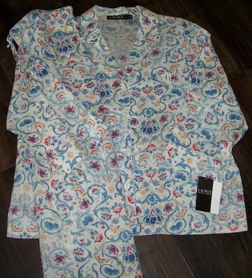 NWT Ralph Lauren IVORY/BLUE/RED/TAN FLORAL SCROLL Woven Pajama/Lounge Set XL - Image 1 of 4