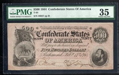 1864 $500 Estados Confederados de América T-64 PMG VF 35 Foto 1 de 2