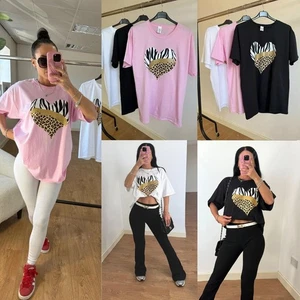 Women Gold Glitter Heart Zebra/Leopard Oversized Summer Ladies T-Shirt Tee Top - Picture 1 of 7