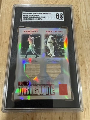 2003 Topps Tribute Babe Ruth Barry Bonds SGC 8 Dual Game Used Bat /50 SSP RED - Image 1 of 2