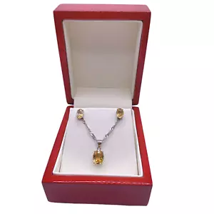 White gold finish 4 Claw Oval Cut Citrine Necklace And Earrings Set - Picture 1 of 4