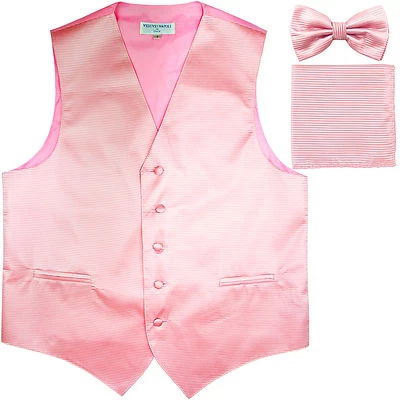 New Men's Horizontal Stripes Tuxedo Vest Waistcoat_bowtie & Hankie pink prom - Image 1 of 4
