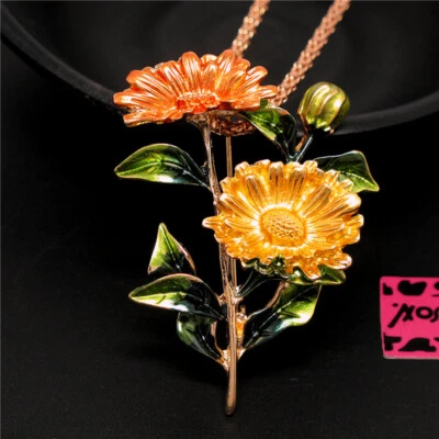 Moda Mujeres Amarillo Esmalte Flor Cristal Colgante Suéter Cadena Collar Foto 1 de 3