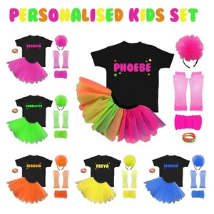 Kids 80s Fancy Dress Neon Costume Personalise Set Girls 4 - 12 Years Glow Party - Picture 1 of 13