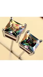Mystic Rainbow Topaz S925 Silver Cut Cubic Zircon Stud Earrings ROUND & Square - Picture 1 of 13
