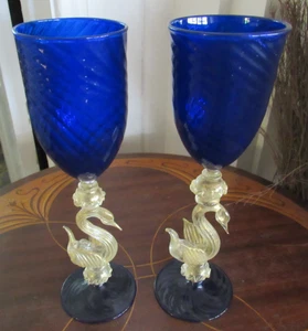 2 COBALT BLUE MURANO VENETIAN GLASS DOLPHIN STEMMED WINE GLASSES 9 5/8" TALL - Picture 1 of 7