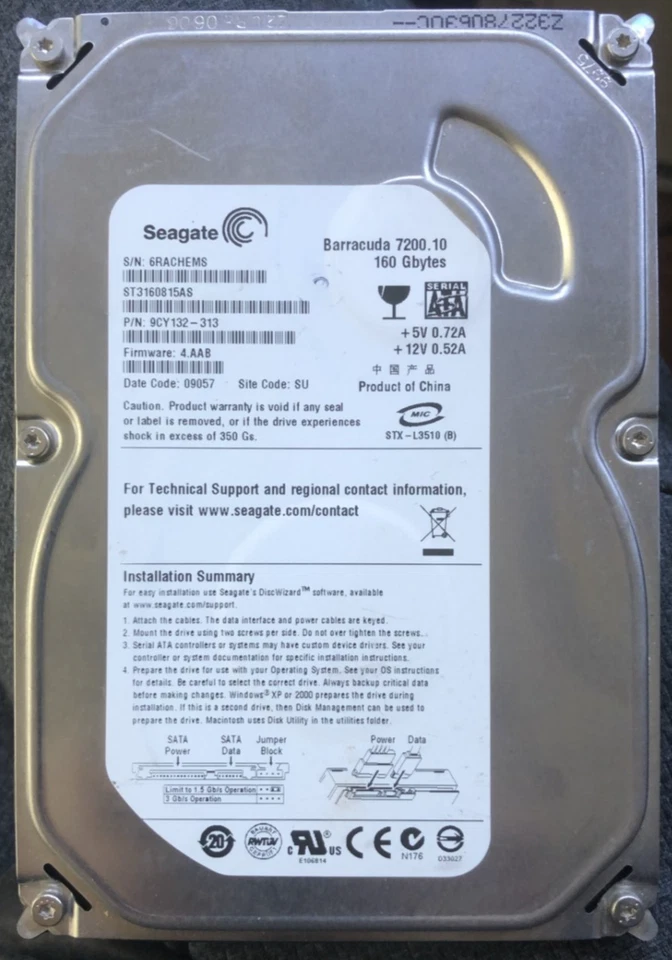 Seagate ST3160815AS 9CY132-313 FW:4.AAB 160gb 3.5" Sata hard drive (WIPED) 8MB - Image 1 of 1