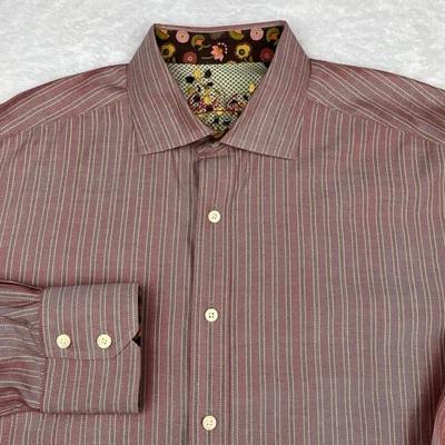 Рубашка мужская Robert Graham размер XL клубничная с желтовато-коричневыми полосками контрастная отделка осень - Изображение 1 из 4