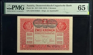 AUSTRIA / OESTERREICHISCH-UNGARISCHE BANK 1917 (ND 1919) 2 KRONEN PICK#50 PMG65 - Picture 1 of 2