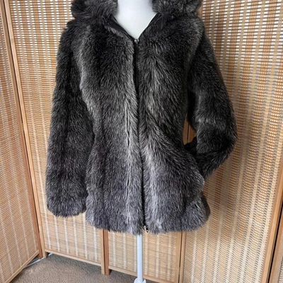 Abrigo vintage Sears moda gris imitación piel con capucha cremallera con bolsillos Foto 1 de 4