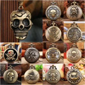Steampunk Skull Pirate Design Men Women Quartz Pocket Watch Necklace Chain reloj - Picture 1 of 31