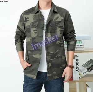 Primavera/Otoño Hombres Algodón Carga Camisas Botón Manga Larga Camuflaje Prendas para el torso Camisa Exterior - Imagen 1 de 27