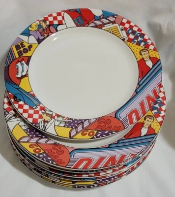 Century Stoneware Happy Day Dinner Plates-X7 Retro 50's Diner Motif Checkerboard - Image 1 of 4