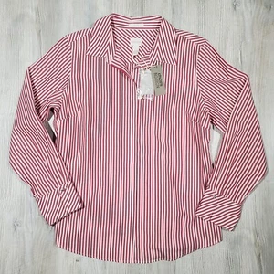 New Women's Chico's Long Sleeve Metallic Shimmer Striped No-Iron Shirt - Size 1 - Picture 1 of 12